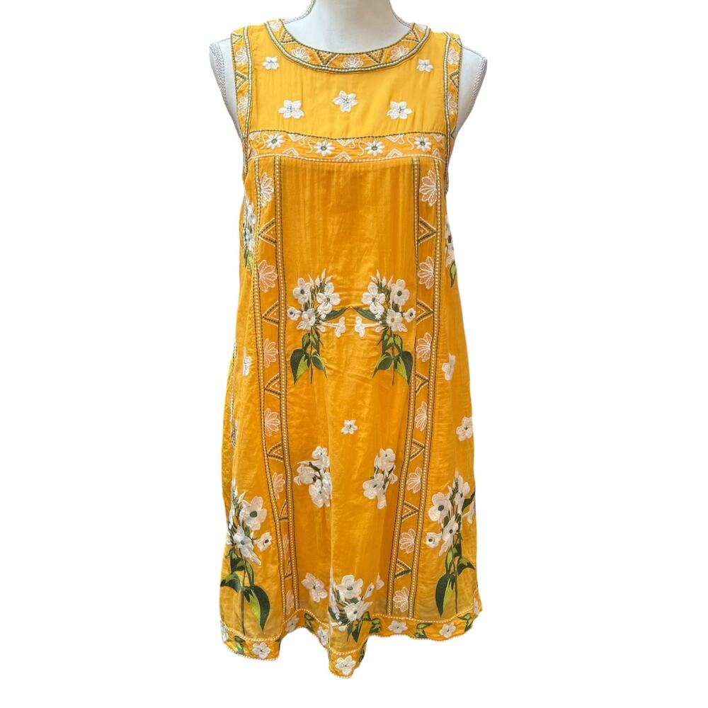 Anthropologie Yellow Embroidered Floral Sleeveless Boho Midi Dress 6 EUC